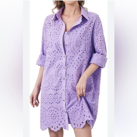 Dresses & Skirts - Embroidery Eyelet Shirt Dress Button Down Long Sleeve  Mini Shirt Dress new